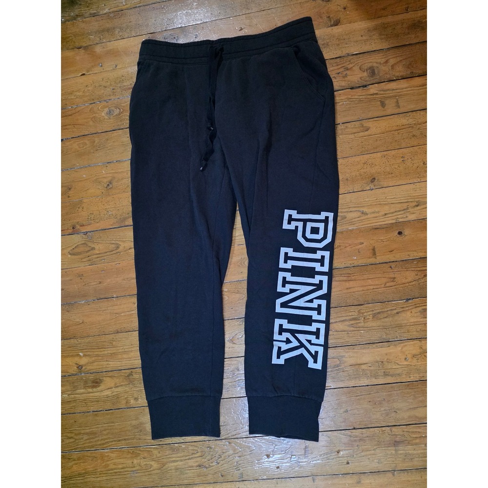 Victorias Secret PINK Joggers‎ Black Fleece Sweatpants White Logo Graphic Large